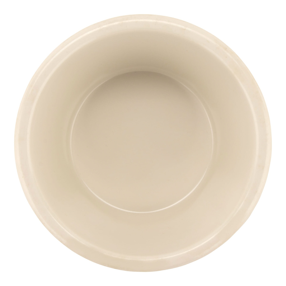 Top-down view of ivory melamine ramekin showing round opening and smooth interior
