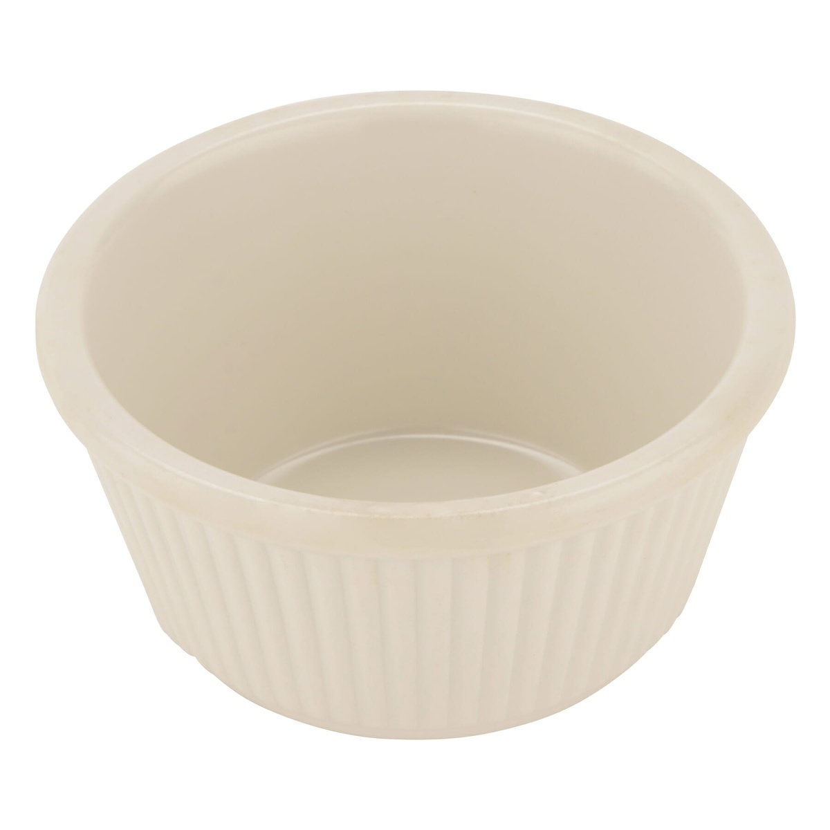 Ivory fluted melamine ramekin angled view showing fluted exterior and open interior