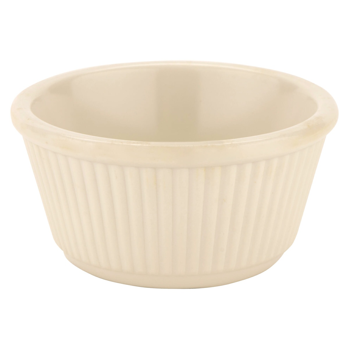 Front view of ivory fluted melamine ramekin showing full profile and fluted exterior walls