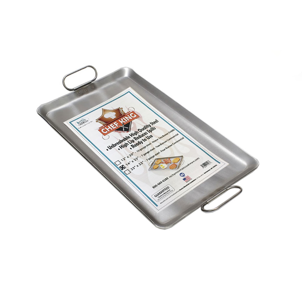 Rocky Mountain Cookware RM1016 steel griddle with loop handles and Chef King product label on white background