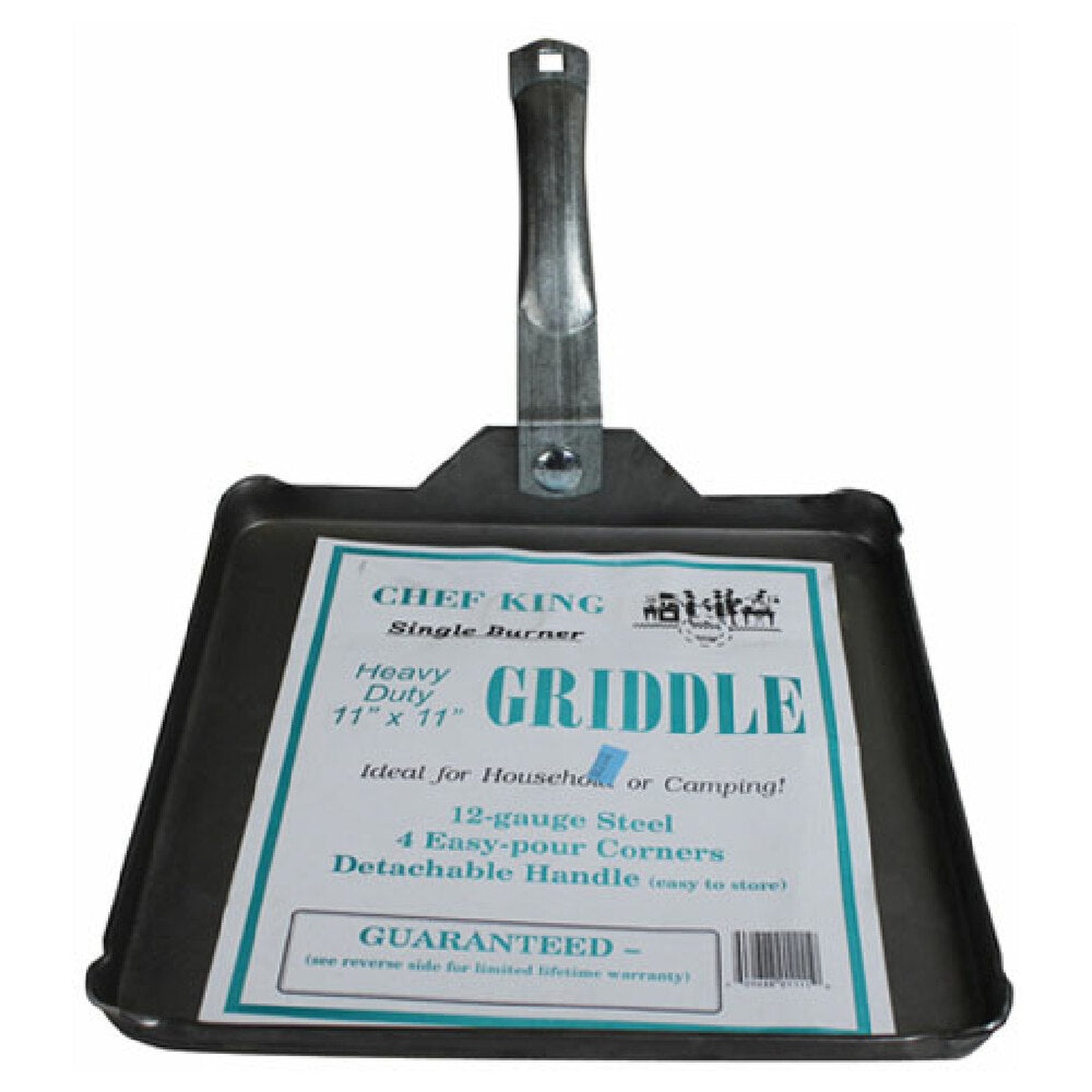 Rocky Mountain Cookware RM1111 11x11 inch single burner heavy-duty steel griddle with detachable handle and product label