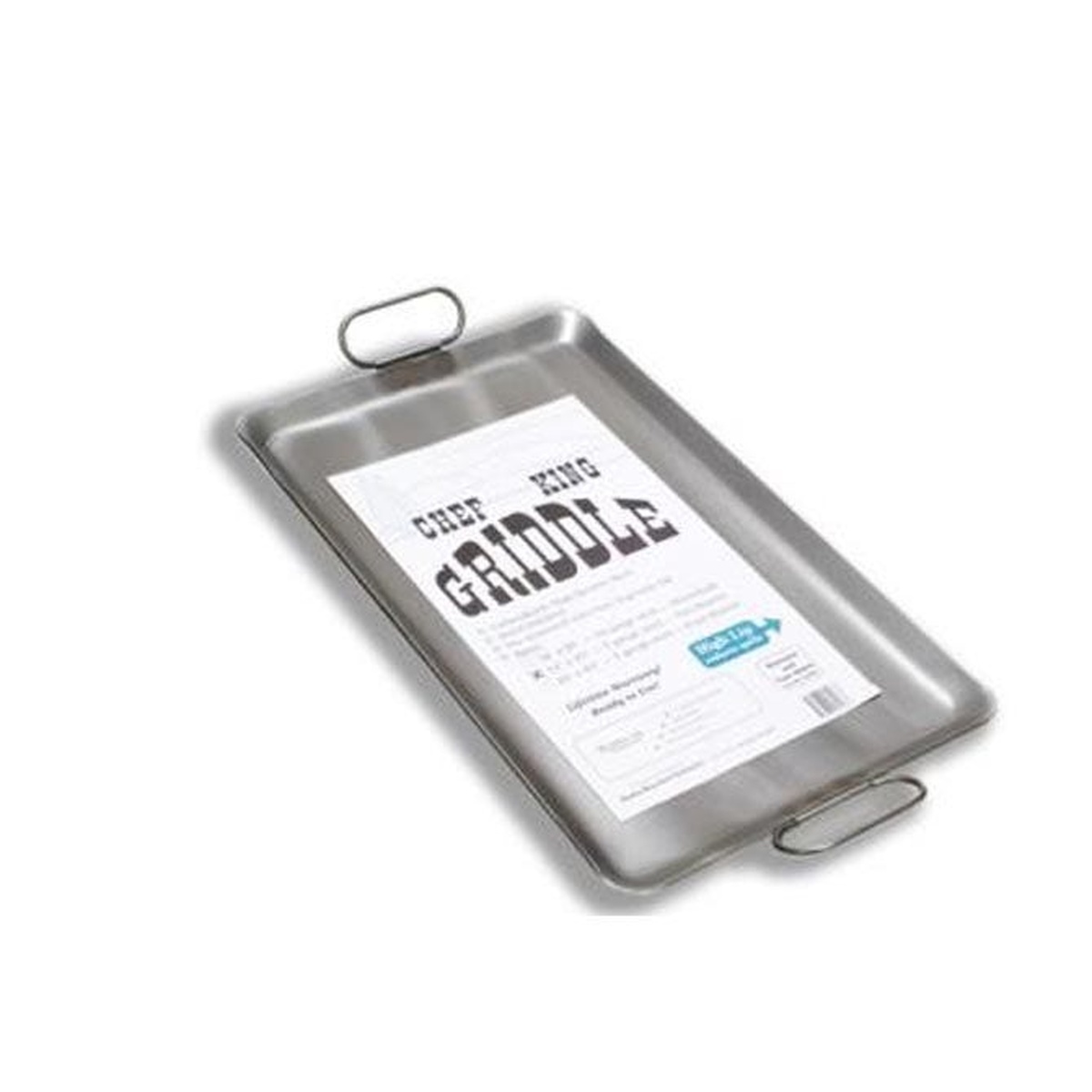 Rocky Mountain Cookware RM1423-8 two-burner lift-off steel griddle with fold-down handles on white background