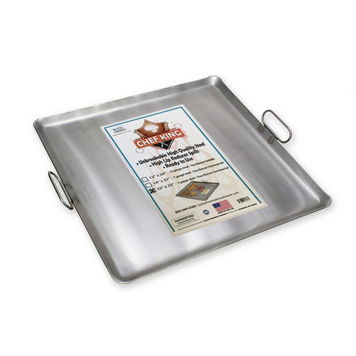 Rocky Mountain Cookware RM2323-8 23x23 inch 4-burner lift-off steel griddle with loop side handles and product label