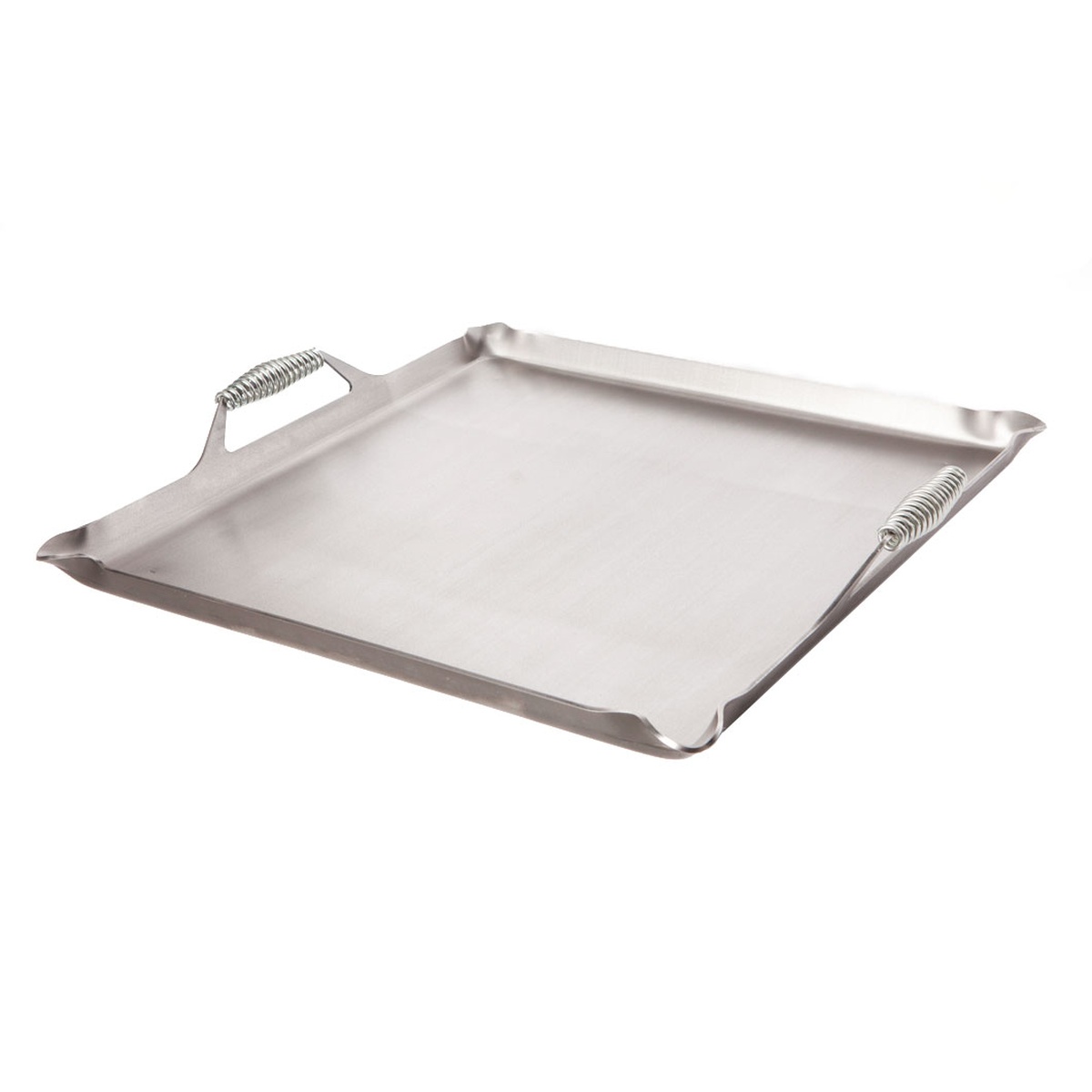 Rocky Mountain Cookware RM2323-8 steel griddle showing smooth cooking surface, spring handles, and easy-pour corners