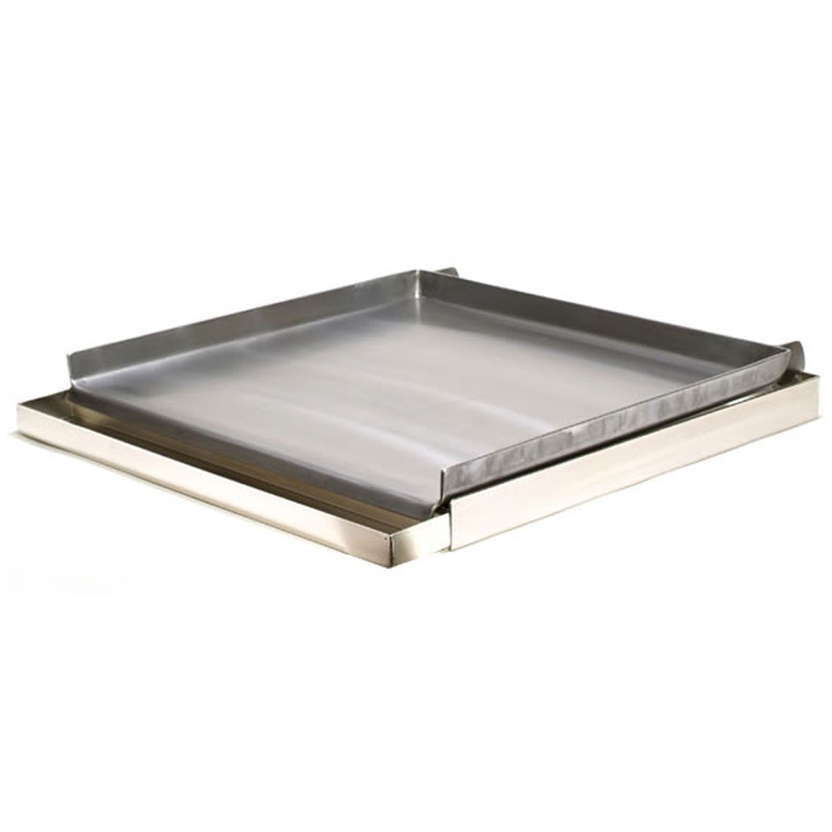 Rocky Mountain Cookware RM2424-8 24x24 inch lift-off steel griddle with stainless steel frame, top angle view