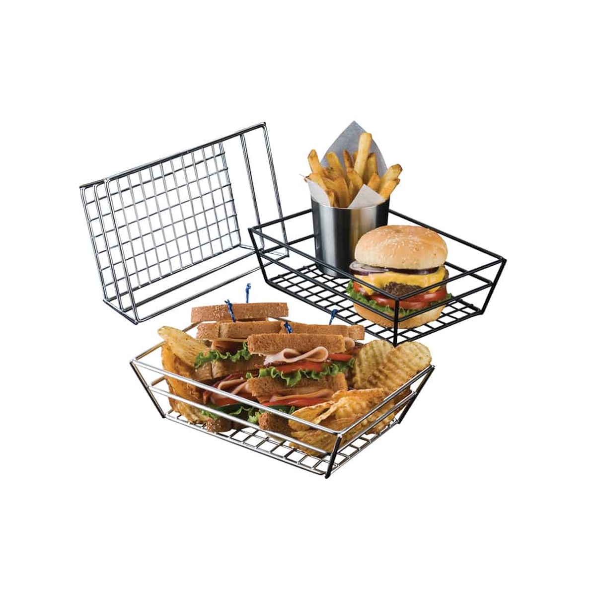 American Metalcraft RMB95B small black grid wire basket shown alongside chrome grid baskets on a white background