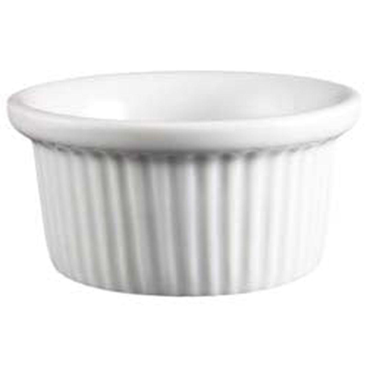 Vertex China RMK-3-P bright white fluted porcelain ramekin, 3 oz, top-angle view showing fluted sides and rolled edge