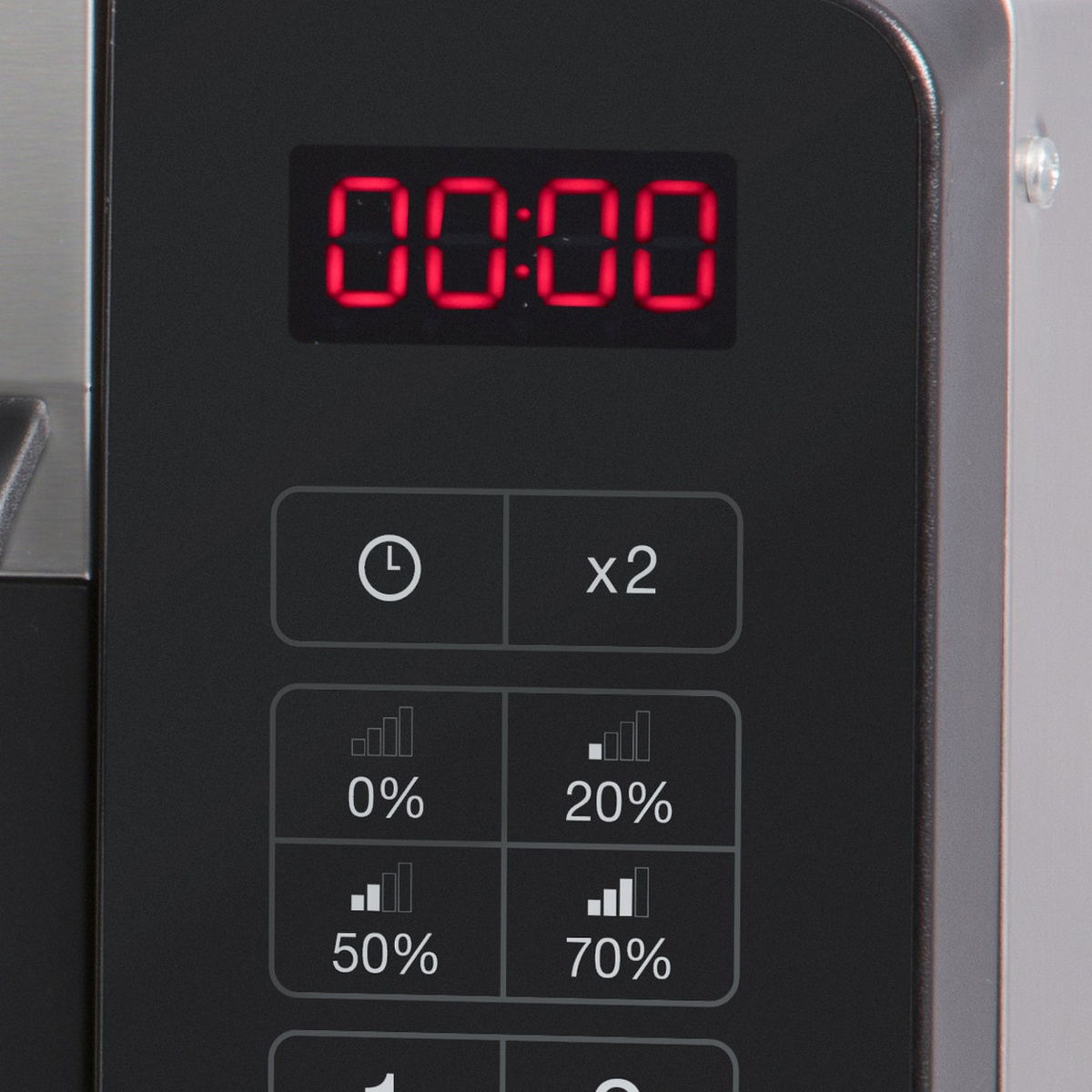 Close-up of RMS10TSA LED timer display and power level touchpad buttons