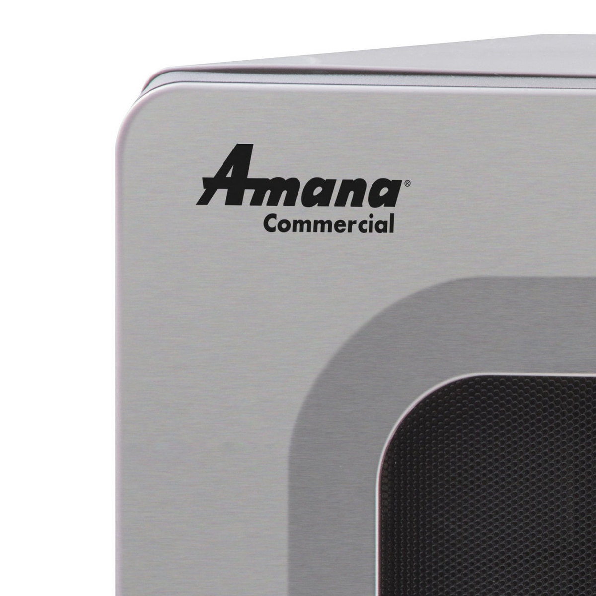 Close-up of Amana Commercial logo on stainless steel microwave door