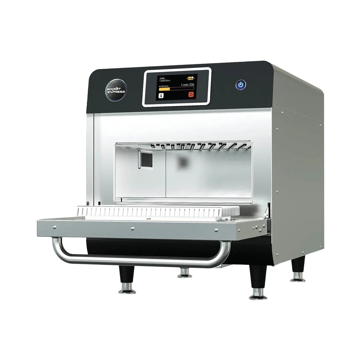 Pratica Rocket Express rapid cook oven with drop-down door open showing cooking chamber