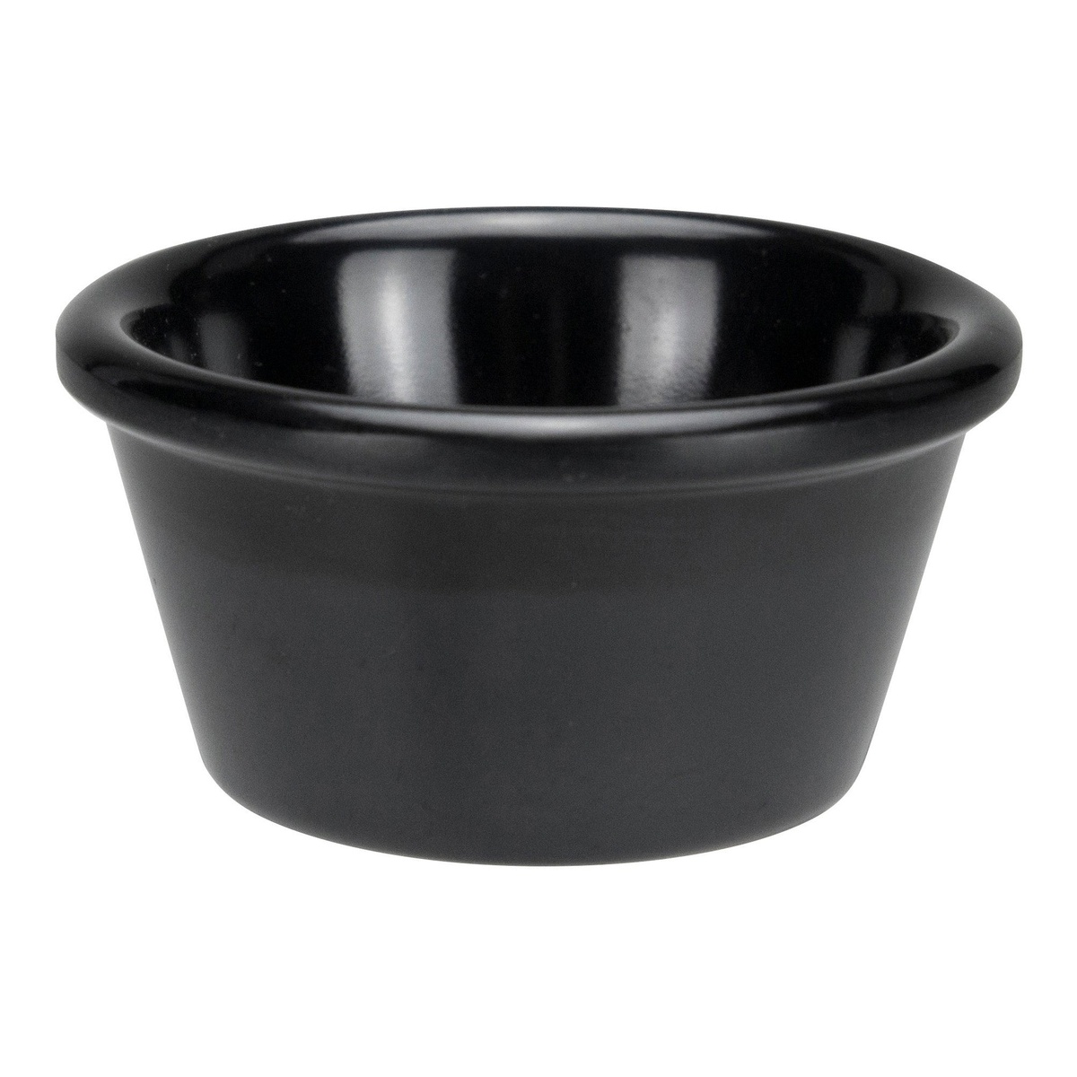 Winco RP-6K 6 oz black melamine ramekin with plain smooth sides and rolled rim, viewed from a slight angle
