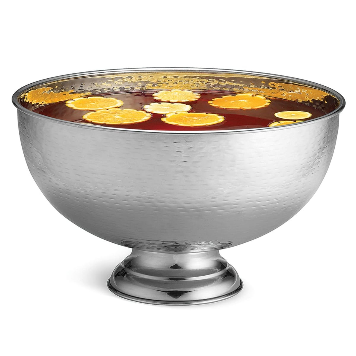 Tablecraft RPB1513 stainless steel round punch bowl with hammered rice pattern on pedestal base
