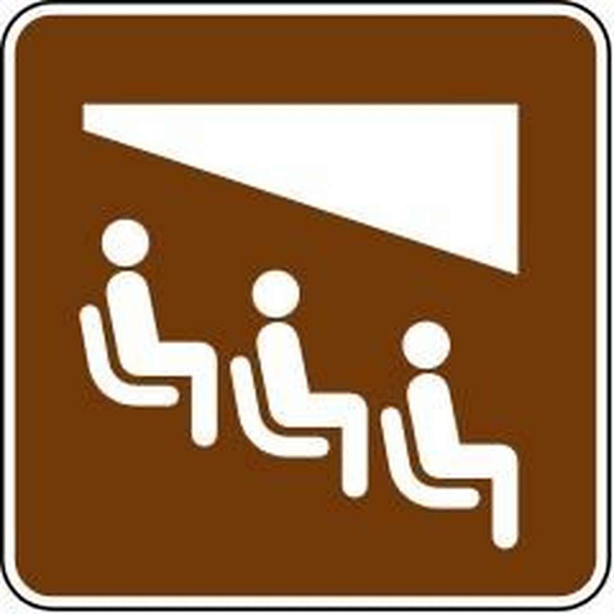 RS-109 Theater Sign - brown aluminum sign featuring white symbol of a light beam above three seated figures in tiered rows