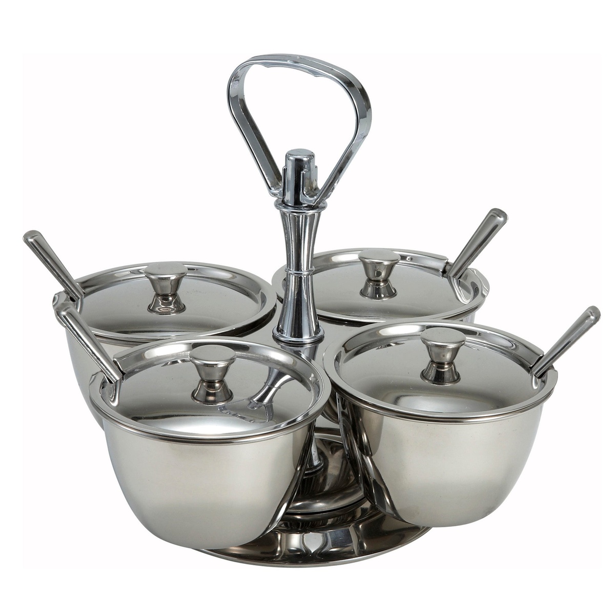 Winco RS-4 stainless steel relish server with four covered cups, ladles, and central carry handle