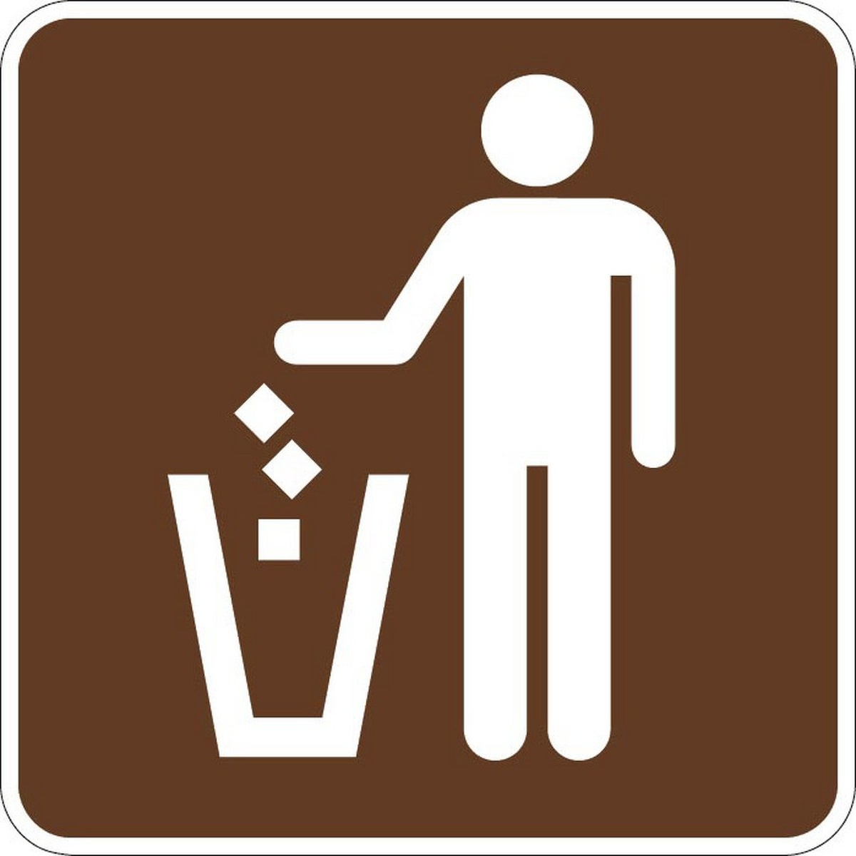RS-086 Litter Receptacle Symbol Sign - brown square aluminum sign with white figure disposing trash in receptacle