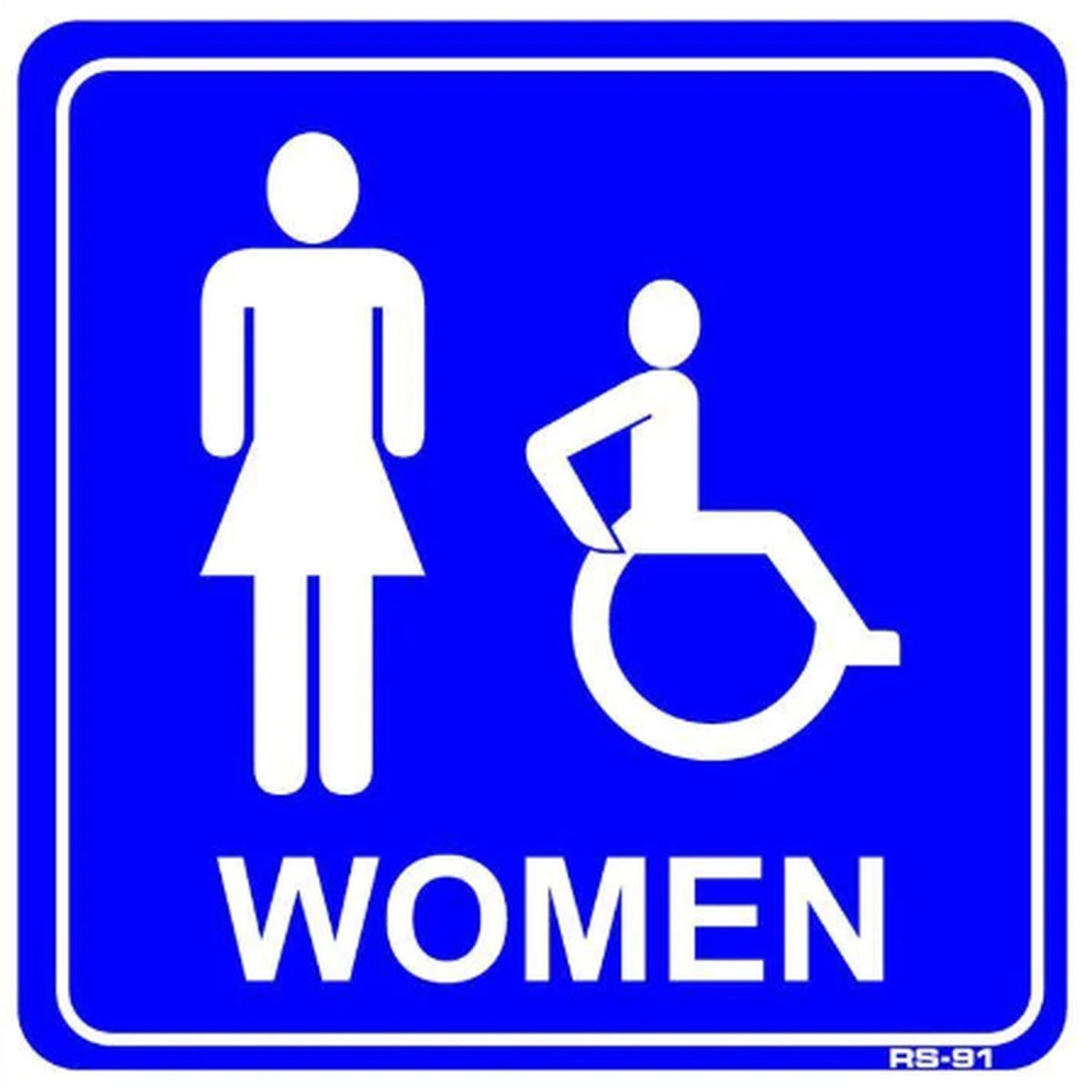 RS-91 T&J blue 9x9 women restroom sign with white female figure, wheelchair accessibility symbol, and WOMEN text