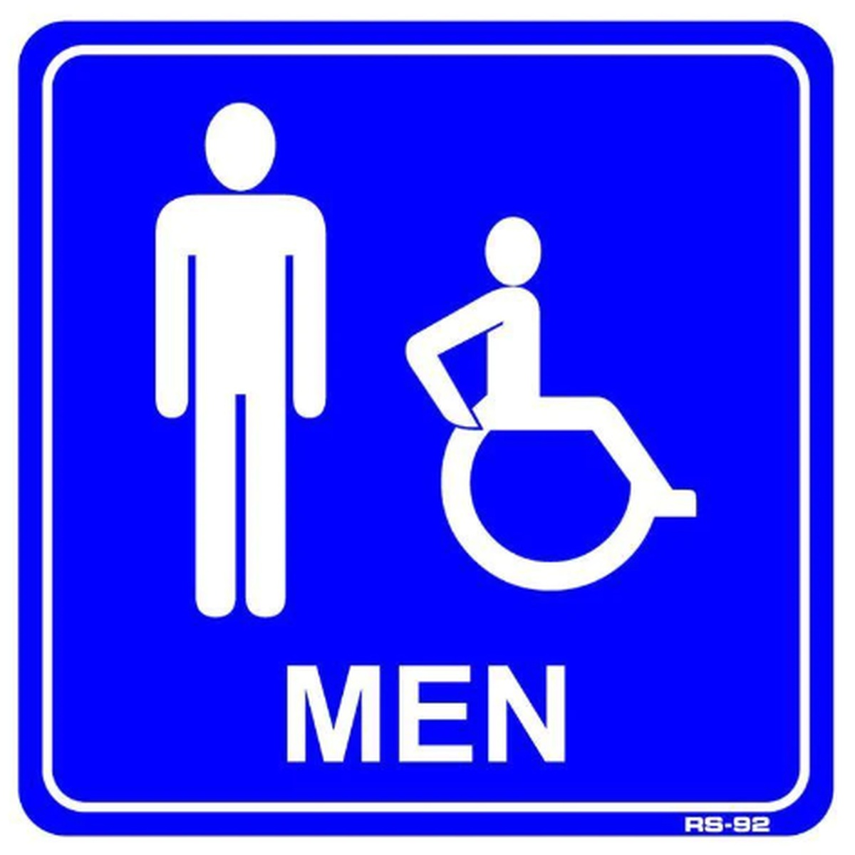 RS-92 T&J blue 9x9 men with handicapped symbol restroom sign featuring white male figure, wheelchair icon, and MEN text