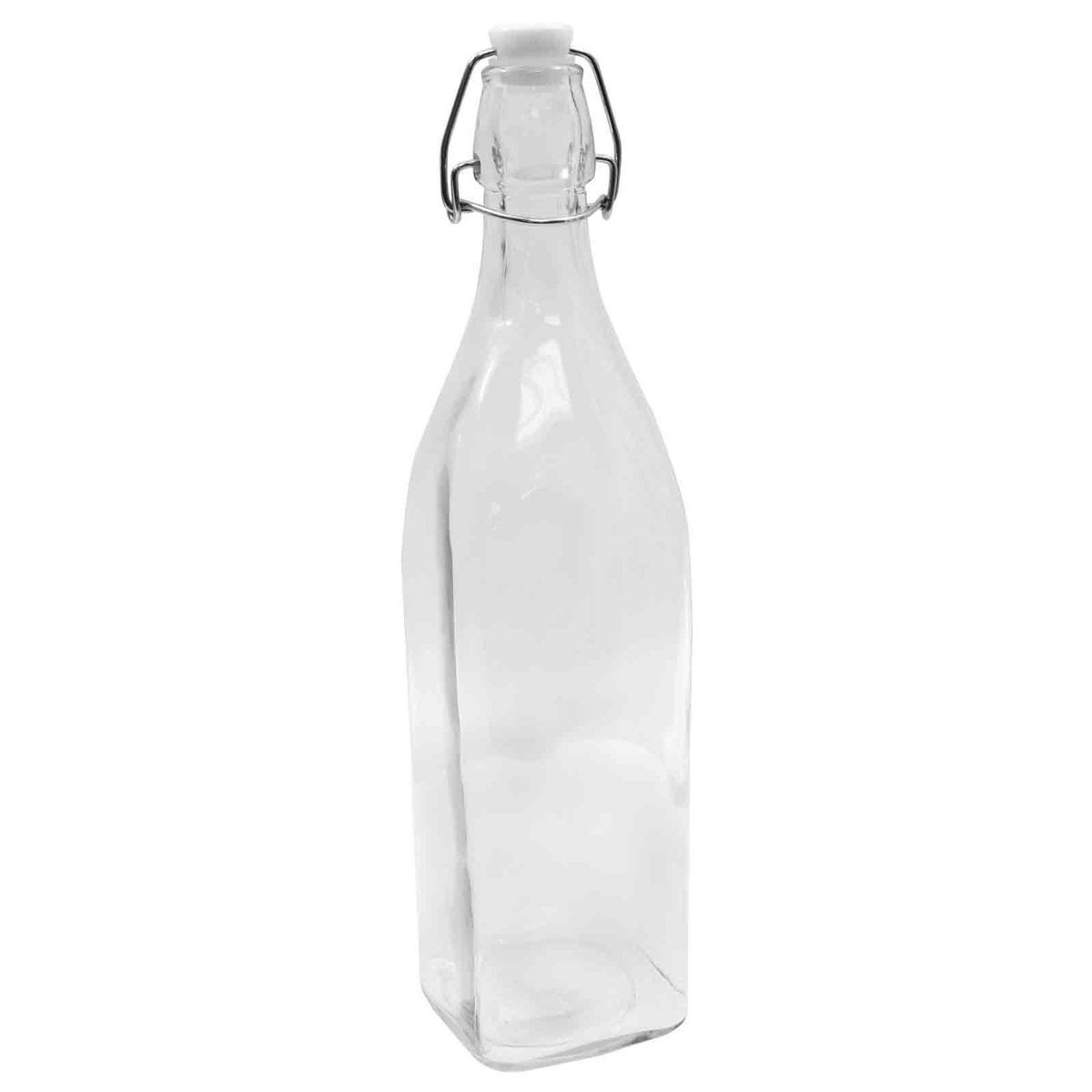 Tablecraft RSB33 34 oz clear square glass bottle with wire bail swing top lid, full product view