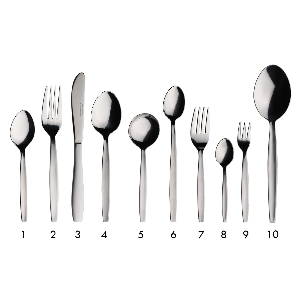 Libertyware Reunion Square flatware collection showing 10 pieces including spoons, forks, and knives arranged by size
