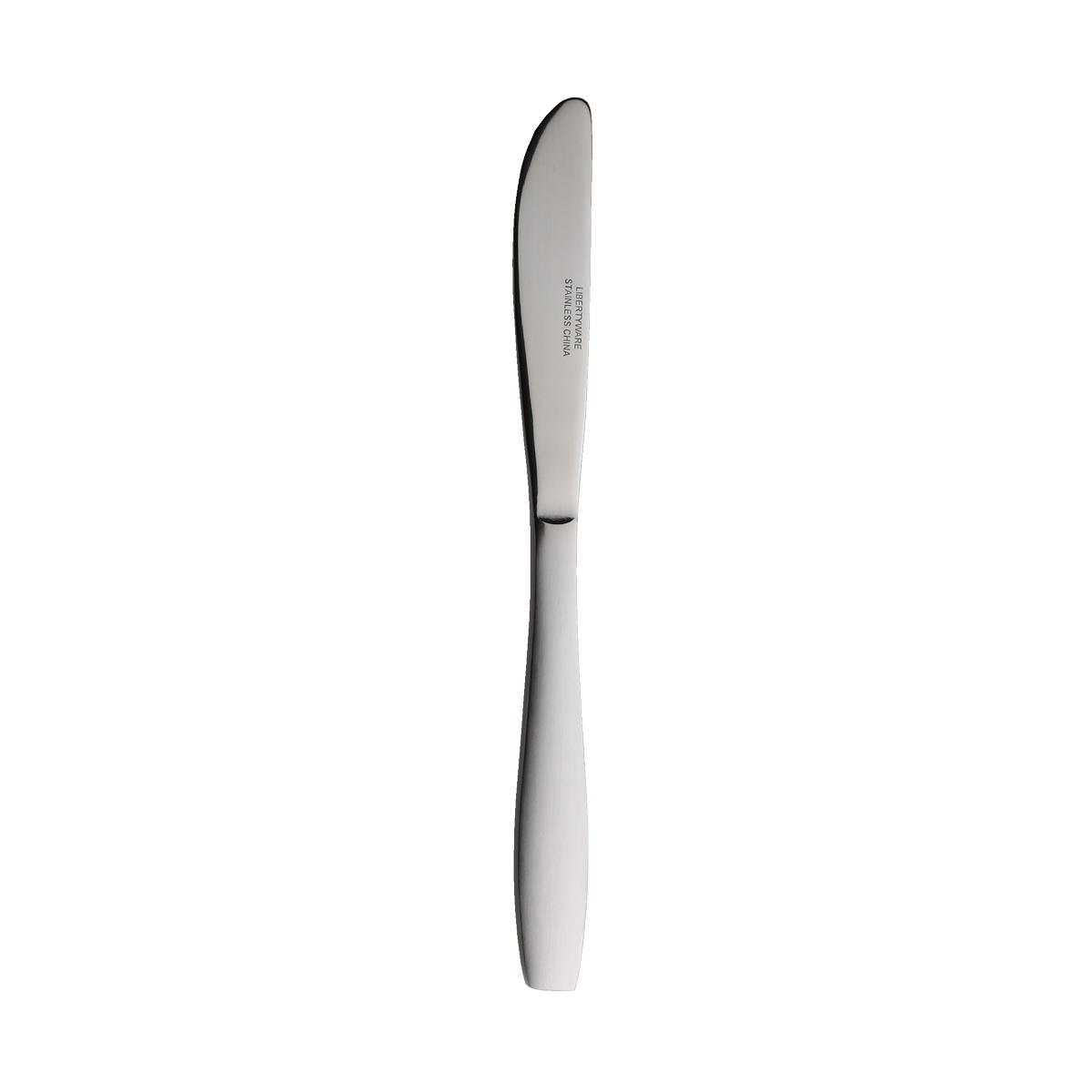 Libertyware Reunion Square RSQ3 dinner knife, side profile view showing mirror polished blade and satin finished handle