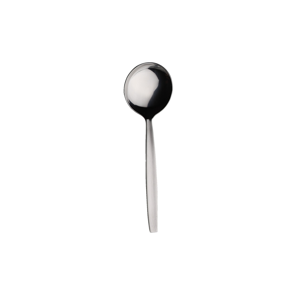 Libertyware RSQ5 Reunion Square Bouillon Spoon isolated view showing mirror-polished round bowl and satin-finished handle