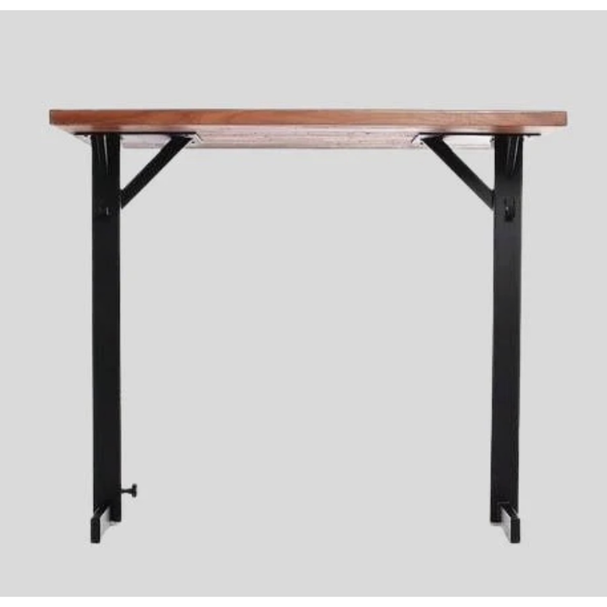 Rockless Table RTDHTB dining height T-base with two black steel legs shown with a wooden tabletop on a gray background