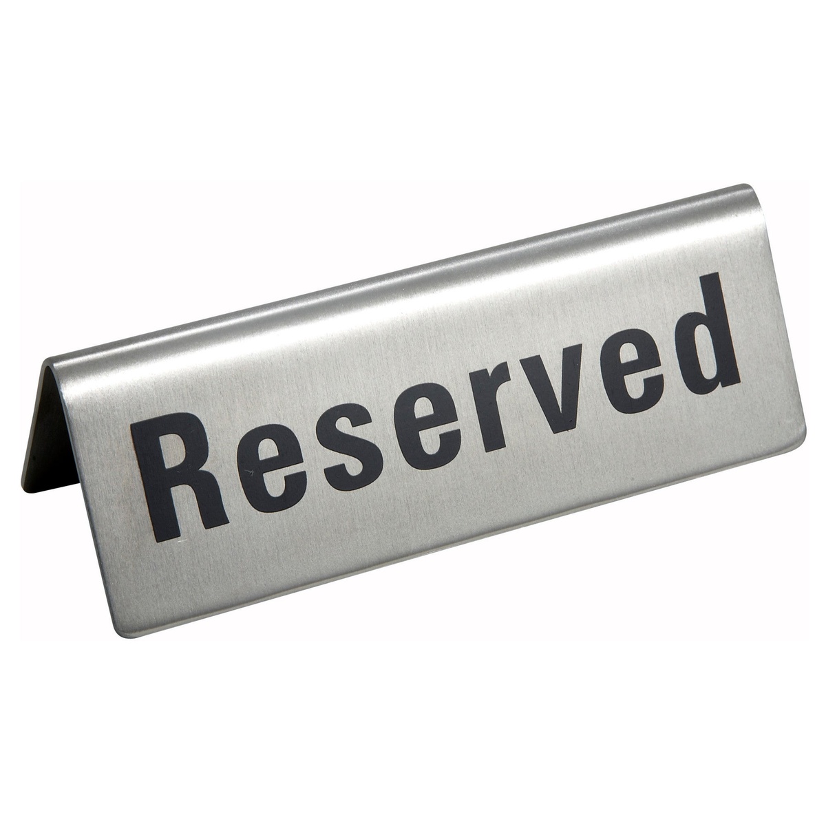 Winco RVS-4 brushed stainless steel tent-style reserved table sign with bold black Reserved text