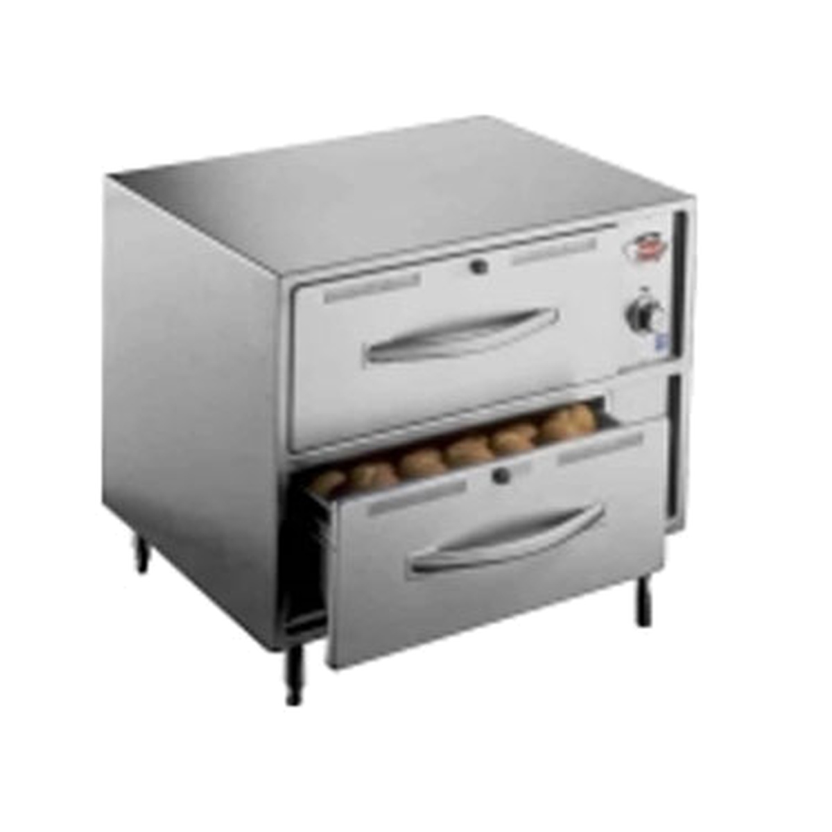 Wells RW-2HD stainless steel double warming drawer unit with one drawer open holding dinner rolls