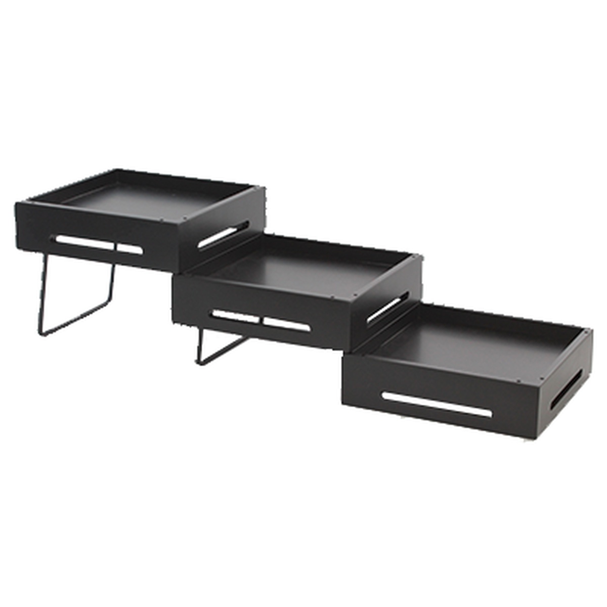 Tablecraft RW555BK three-piece black expandable Geo-Mates riser set arranged in a descending staircase formation
