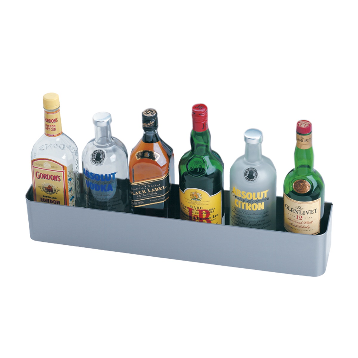 Krowne Silver Series 36-inch single speed rail holding assorted liquor bottles on white background