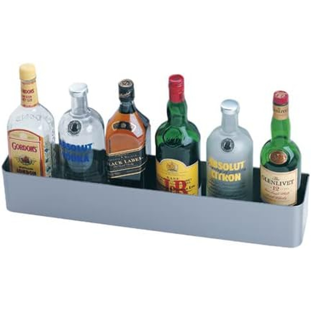 Krowne S-48 stainless steel speed rail bottle trough with assorted liquor bottles arranged inside