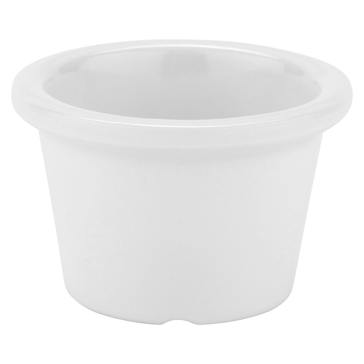 GET Enterprises S-610-W white melamine ramekin side profile view showing rolled rim and tapered body