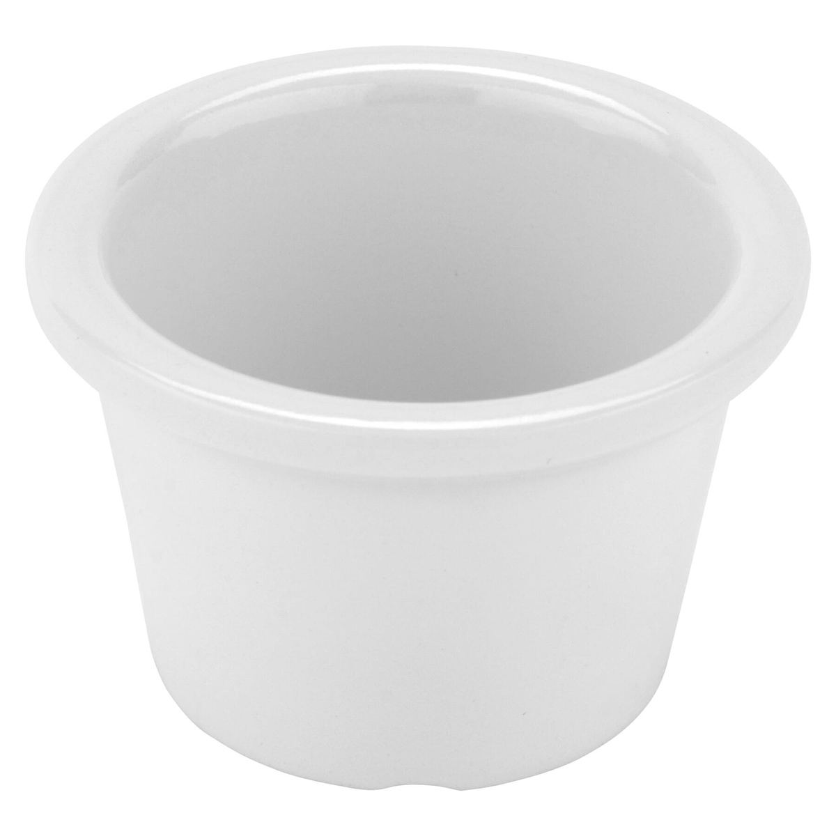 GET Enterprises S-610-W white melamine ramekin angled side view showing cone shape and rolled rim