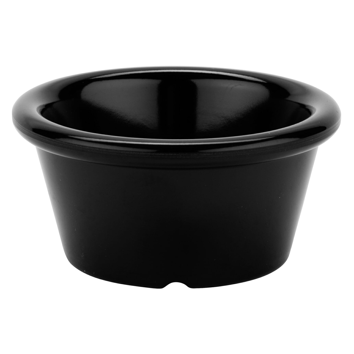 Side profile view of the G.E.T. S-620-BK black melamine ramekin showing cone shape and rolled rim