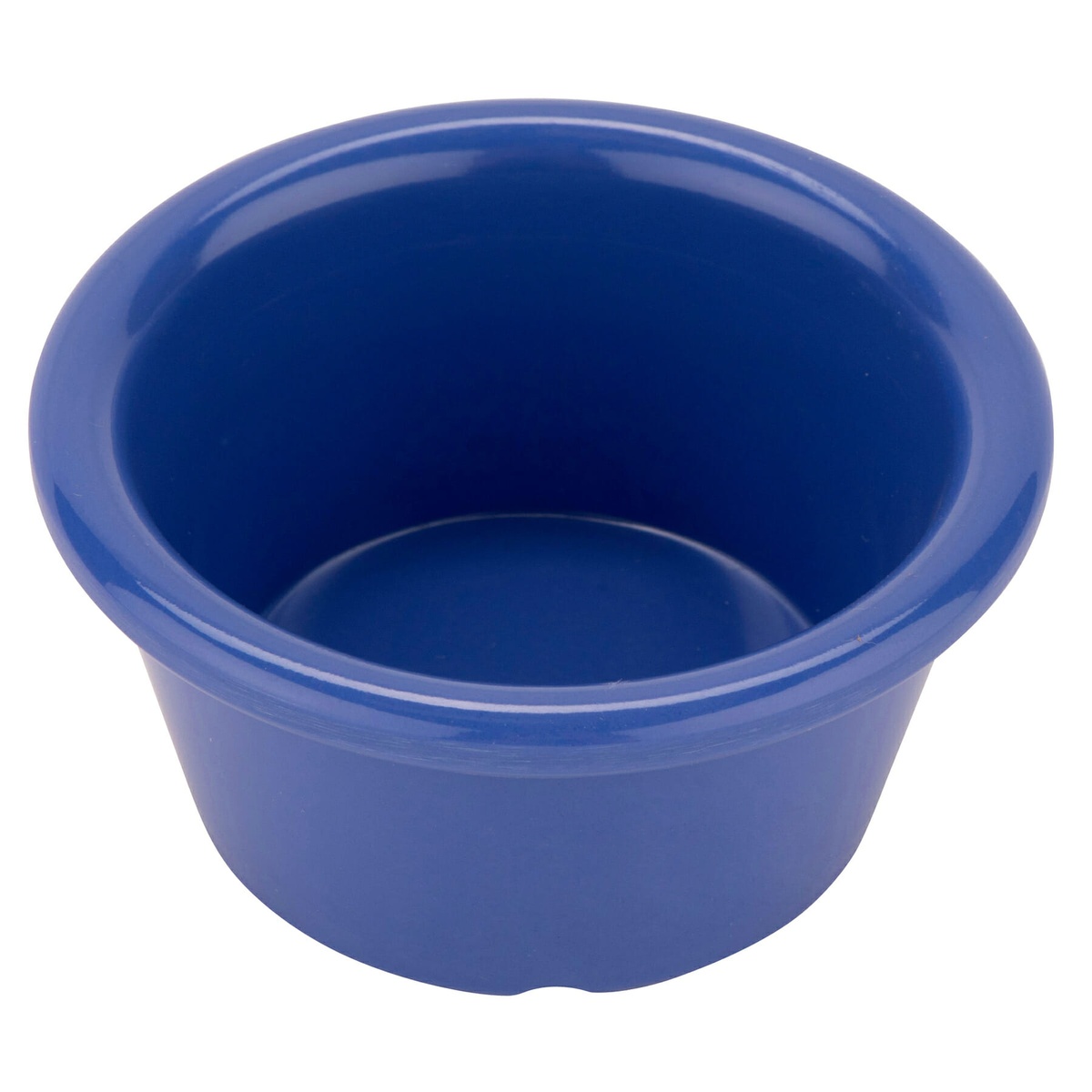 Overhead angled view of G.E.T. Enterprises S-620-PB peacock blue melamine ramekin showing interior bowl