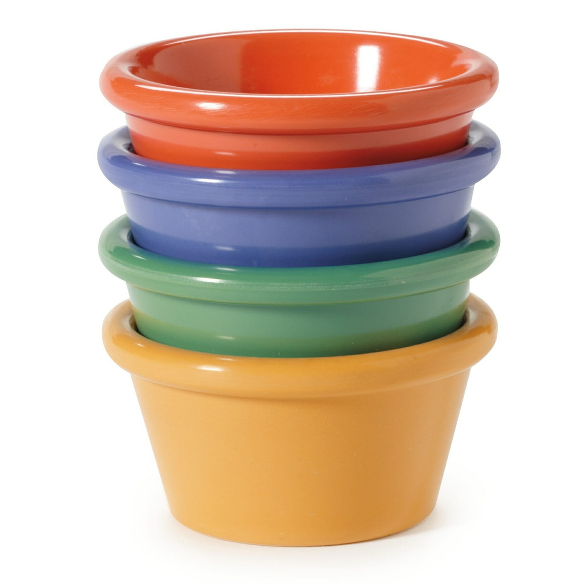Stack of four G.E.T. Enterprises melamine ramekins in orange, blue, green, and yellow on white background