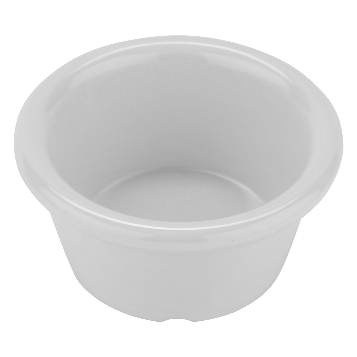 G.E.T. S-620-W white melamine 2 oz. ramekin, angled overhead view showing interior depth