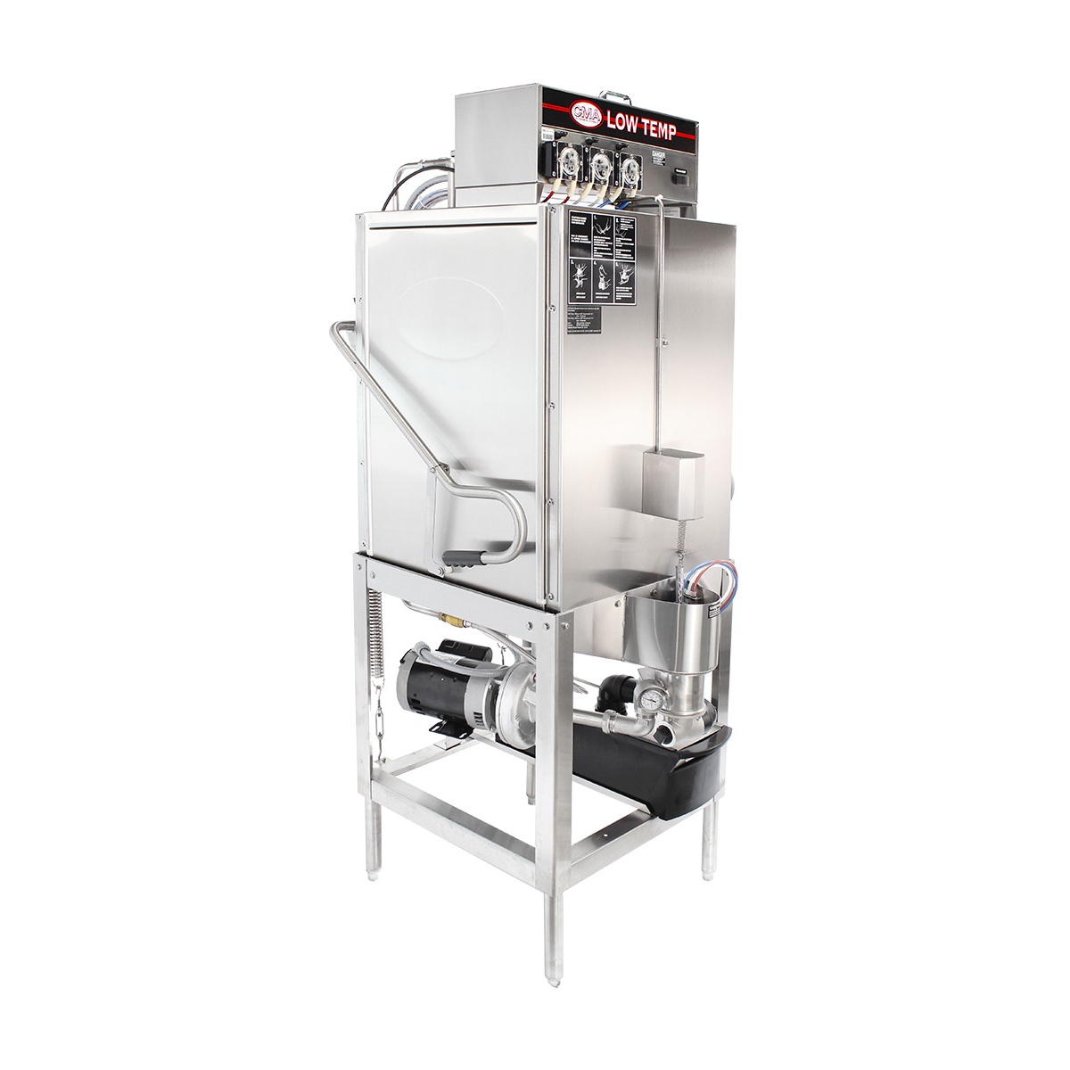Angled view of CMA Dishmachines S-AH dishwasher showing stainless steel body and pump area