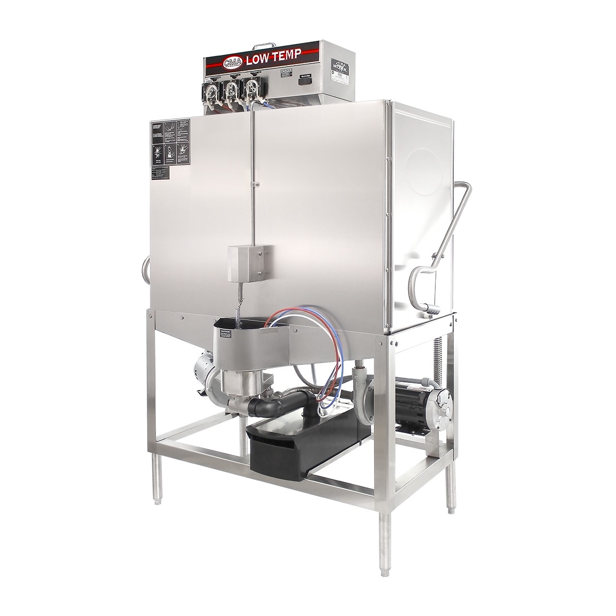 Angled view of CMA Dishmachines S-B dishwasher showing the stainless cabinet and base frame