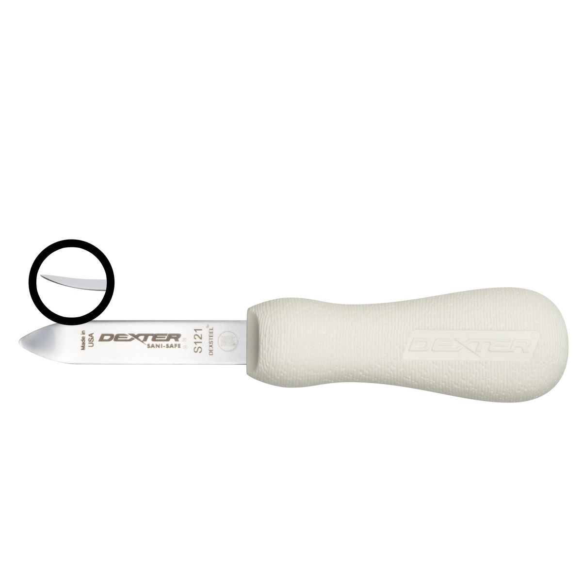 Dexter Russell S121 oyster knife side view showing white textured Sani-Safe handle and convex blade tip callout