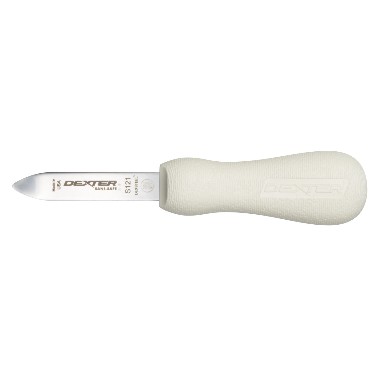 Dexter Russell S121PCP oyster knife with white Sani-Safe handle and DEXSTEEL blade on white background