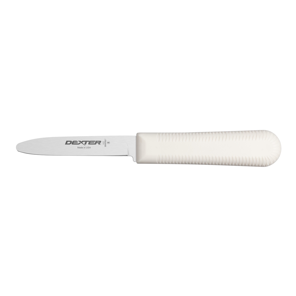 Dexter Russell SANI-SAFE 3-inch clam knife with white textured polypropylene handle and stainless steel narrow blade