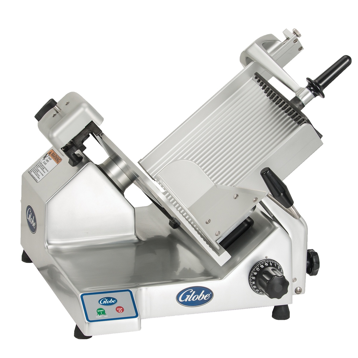 Globe S13 manual meat slicer with angled carriage and slice thickness dial