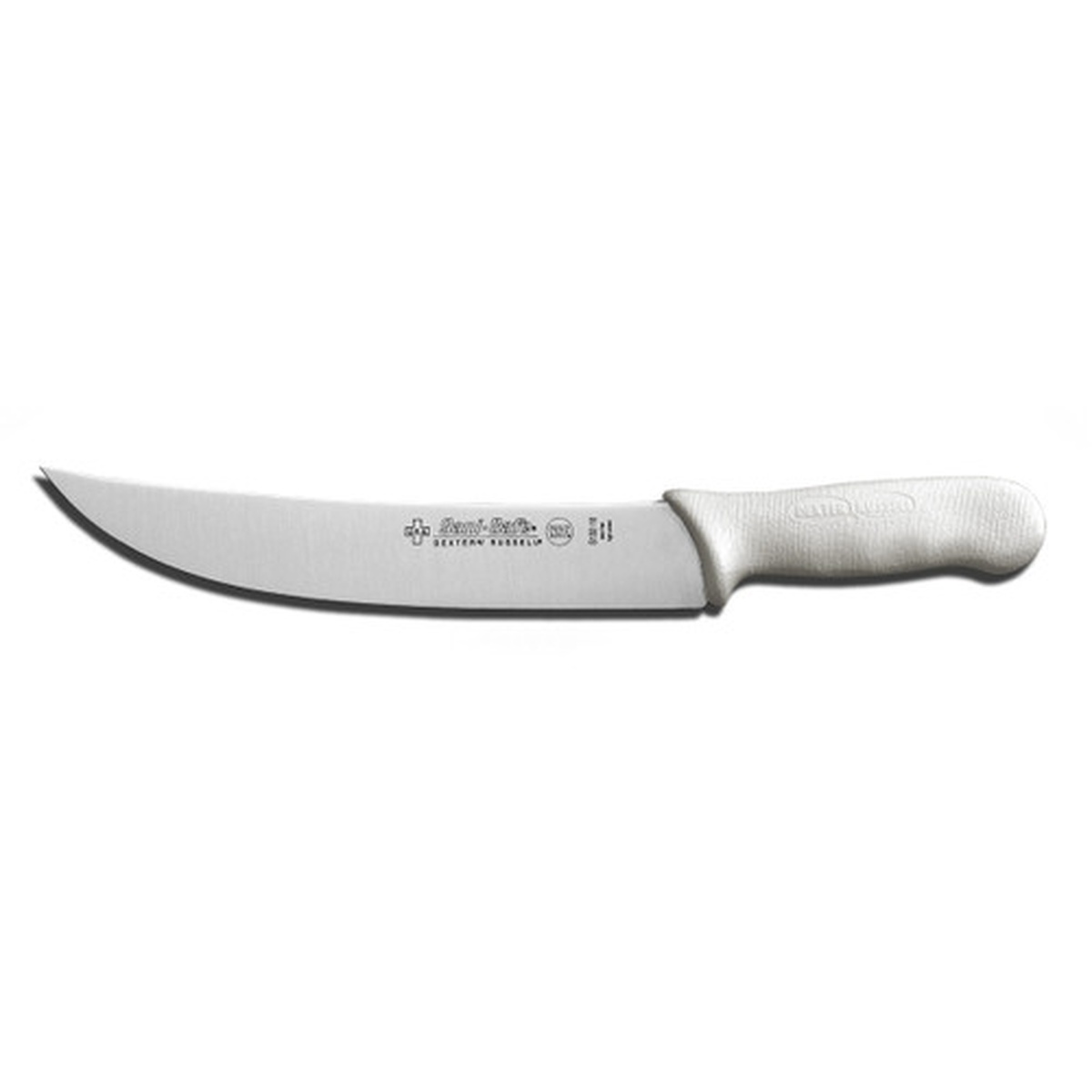 Dexter Russell Sani-Safe 10-inch cimeter steak knife with white polypropylene handle and curved DEXSTEEL blade