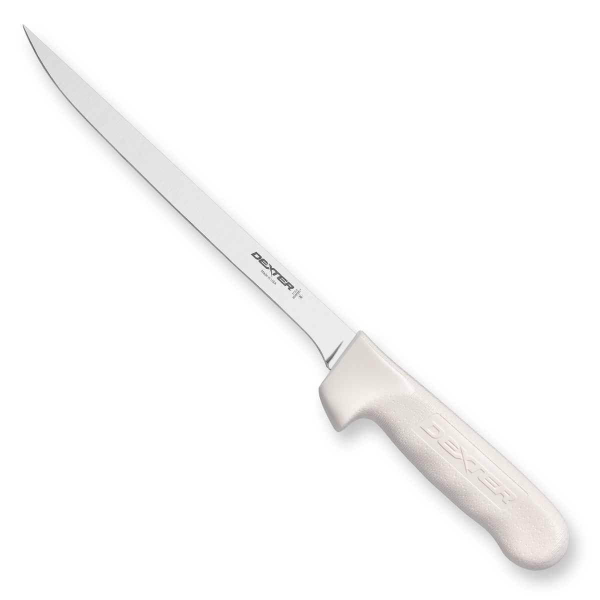 Close-up view of Dexter Russell S133-8WS1 8-inch fillet knife showing the long silver blade and white textured polypropylene handle