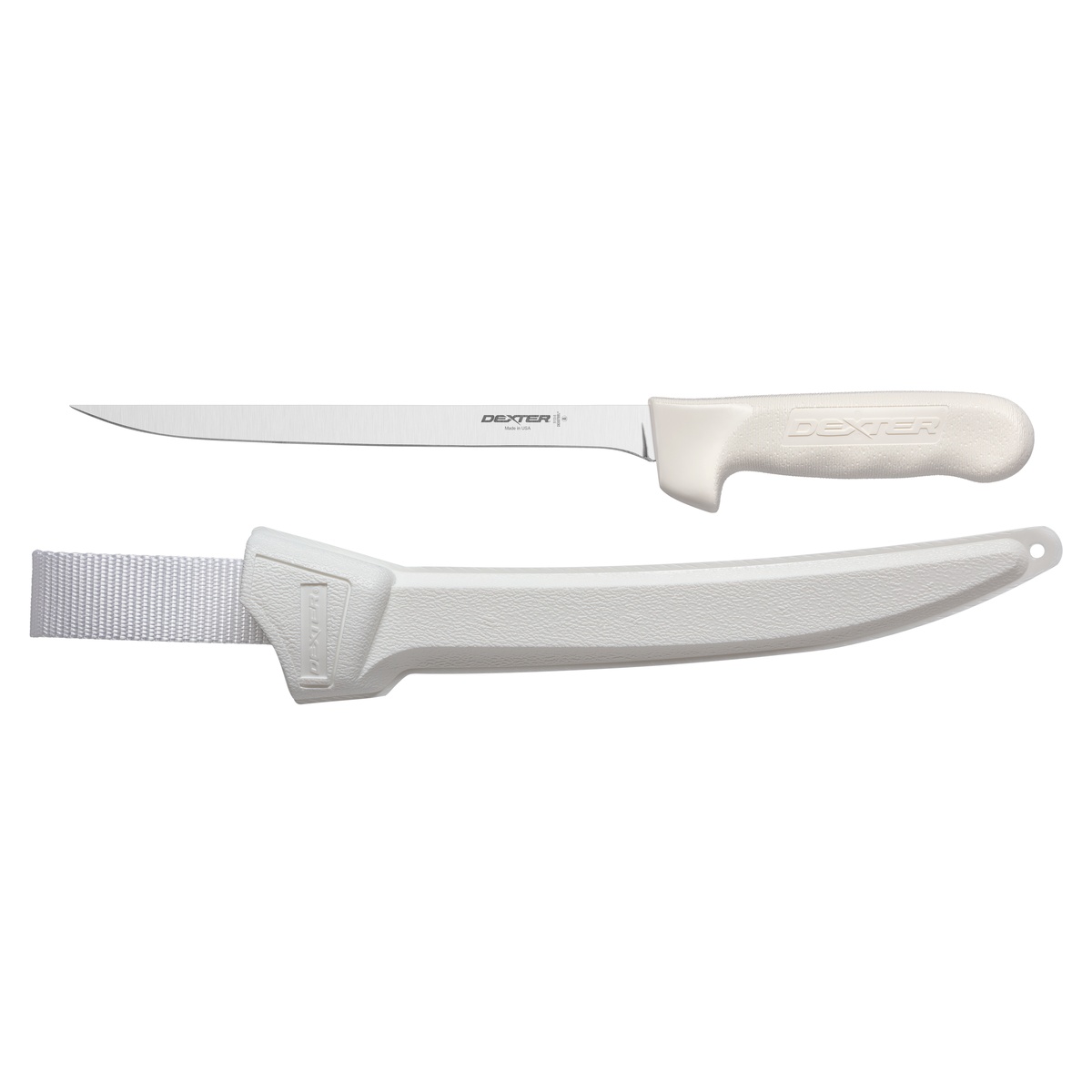 Dexter Russell S133-8WS1 8-inch fillet knife with white handle displayed above its matching white Dexter-branded protective sheath