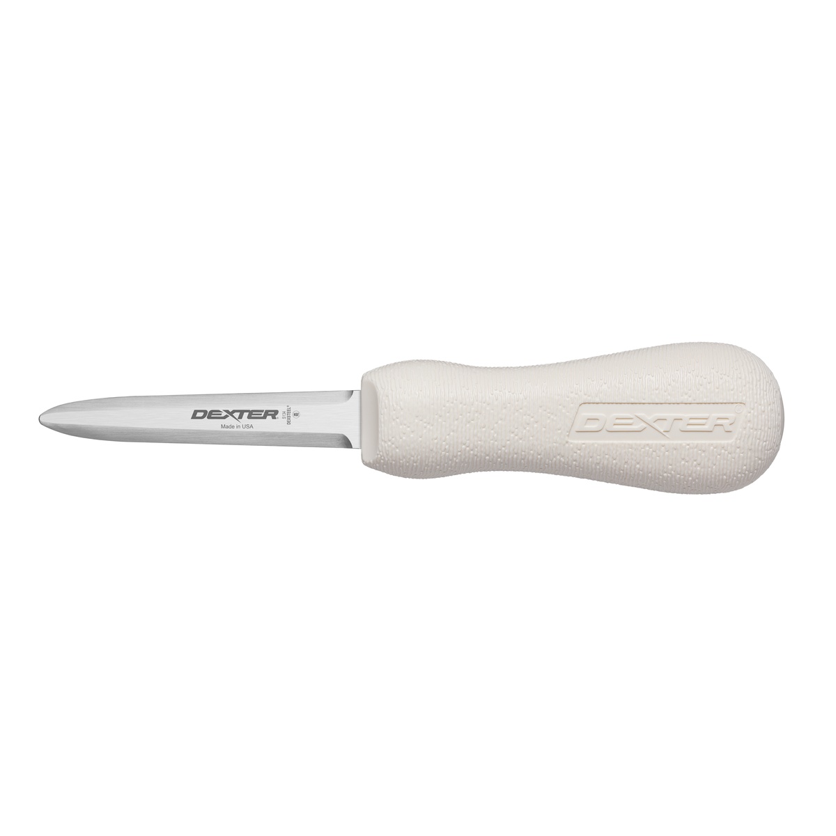 Dexter Russell S134PCP Sani-Safe 3-inch Boston Pattern Oyster Knife with white textured polypropylene handle and stainless steel blade