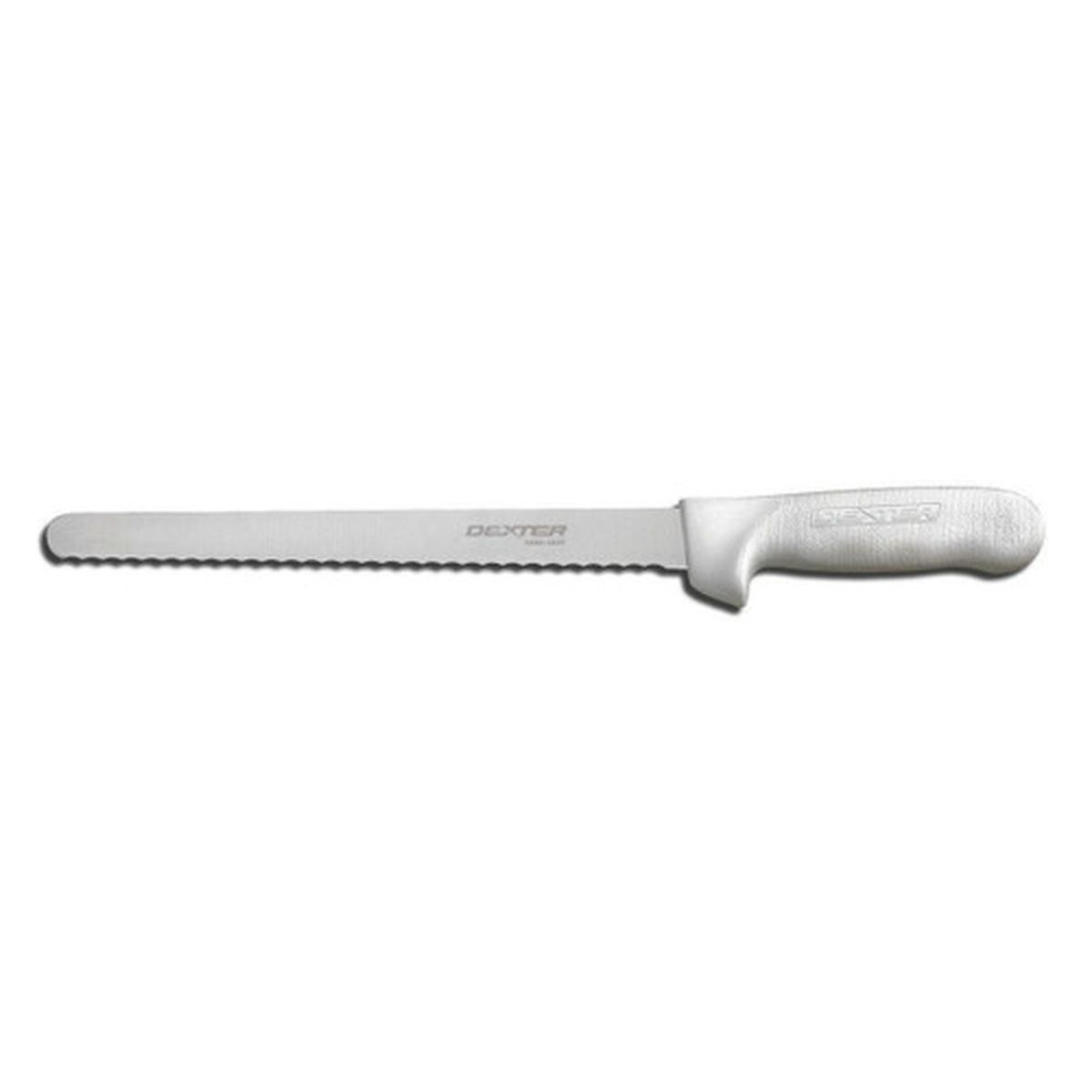 Dexter Russell Sani-Safe 10-inch narrow scalloped slicer knife with white polypropylene handle on white background