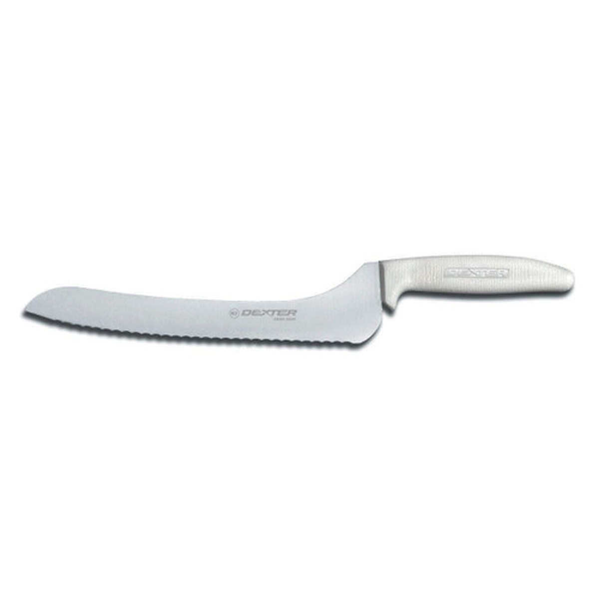 Dexter Russell Sani-Safe 9-inch scalloped offset bread knife with white polypropylene handle and serrated blade