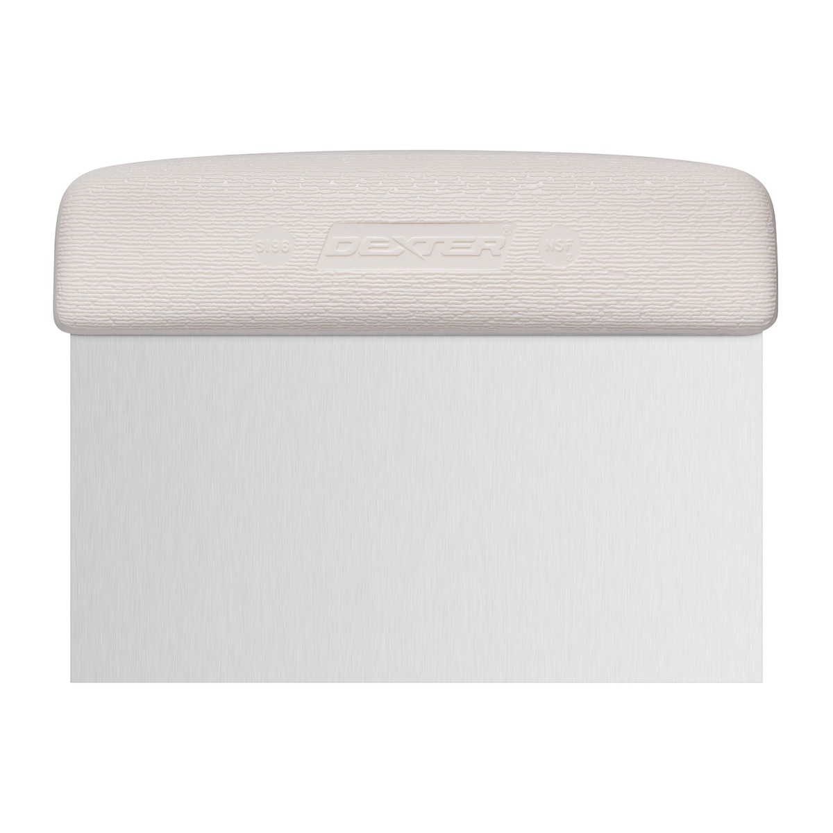 Dexter Russell Sani-Safe S196Y 6x3 inch dough cutter scraper with white textured polypropylene handle and stainless steel blade